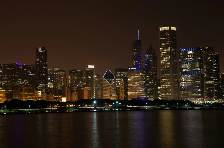 the skyline at night, taken from across a river