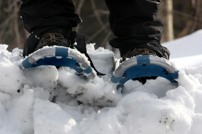 person with feet wearing black and blue snow shoes in the snow