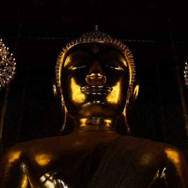 a gold statue is sitting in the dark