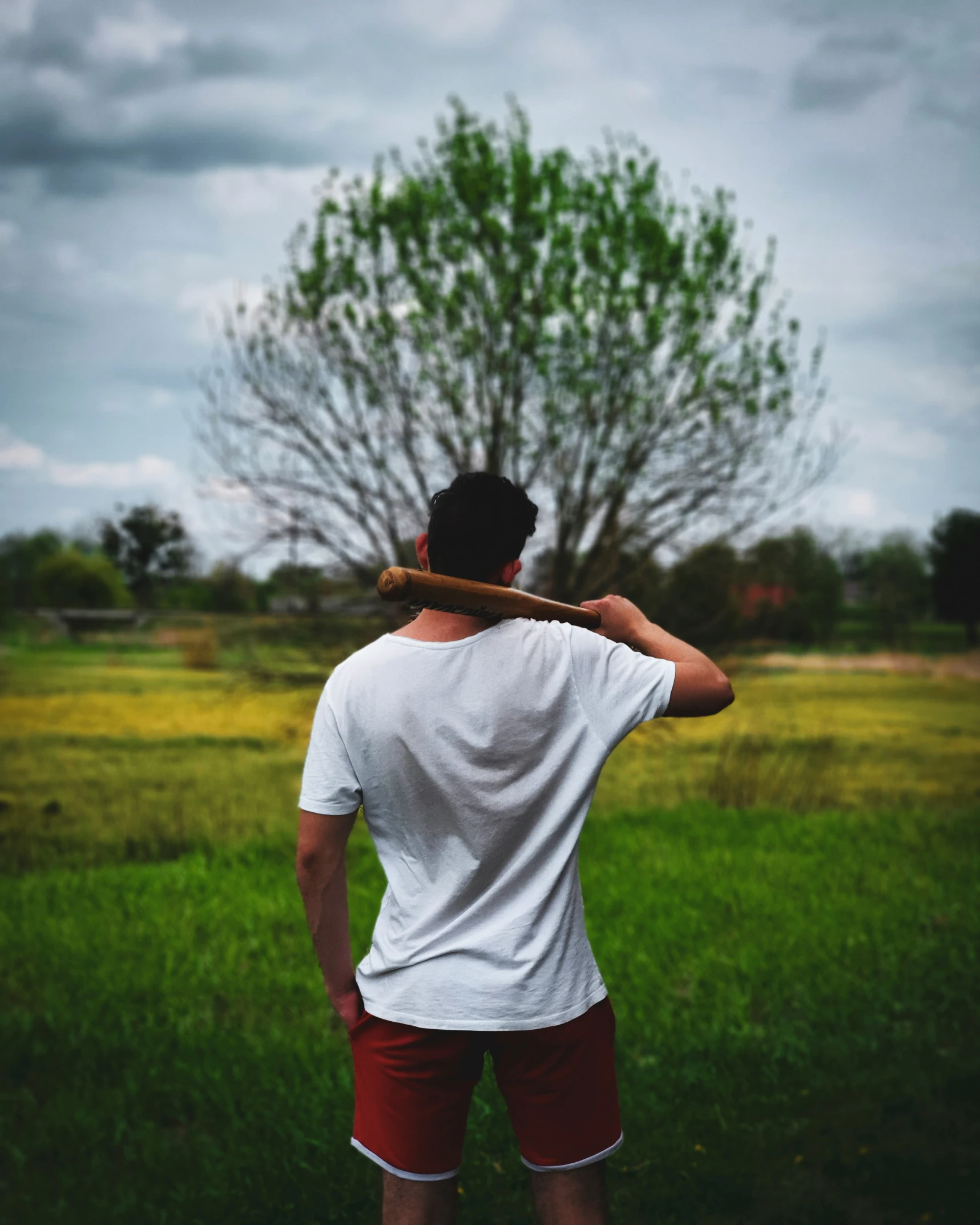 a man standing in the grass holding a baseball bat