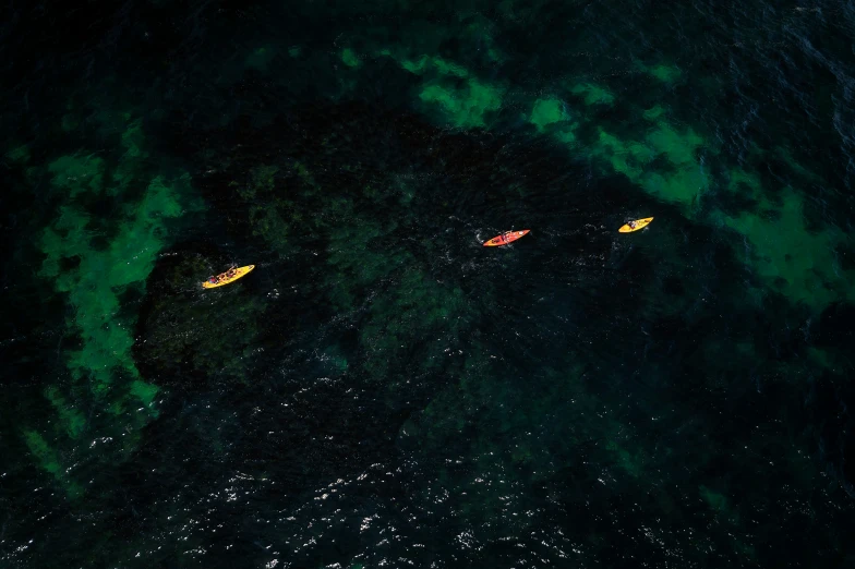 three kayakers in the middle of dark waters