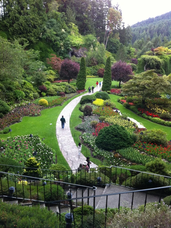 people walk in the distance between two curved walkways