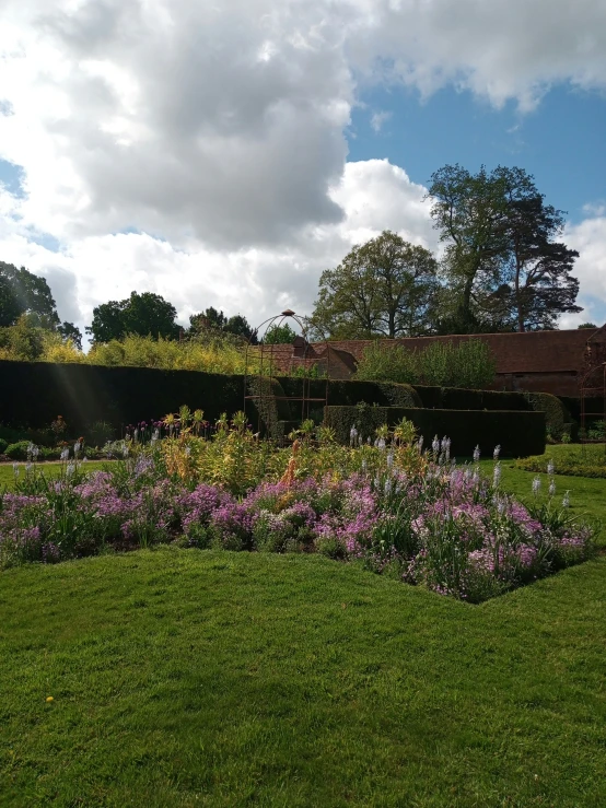 a circular garden full of flowers with grass on the sides