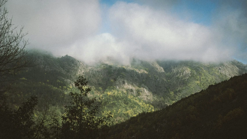 the clouds roll in over the mountains, creating dense mist