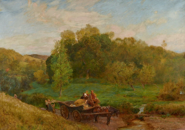 a painting of people riding on horseback near a river