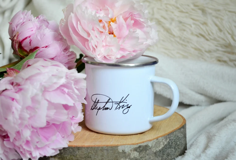 two pink flowers are sitting in a white cup