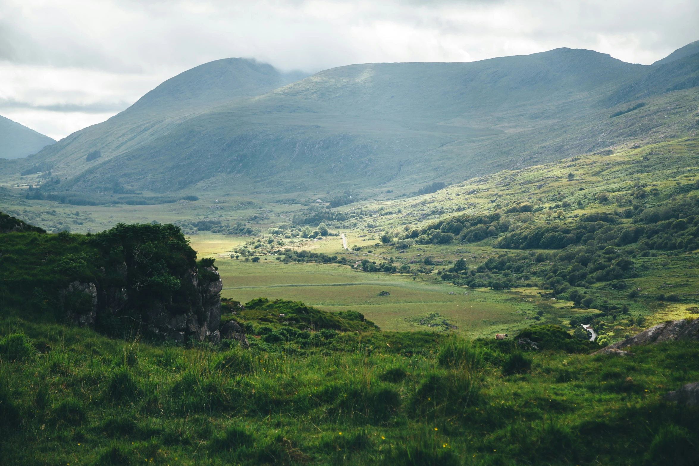 a small grassy hill surrounded by mountains