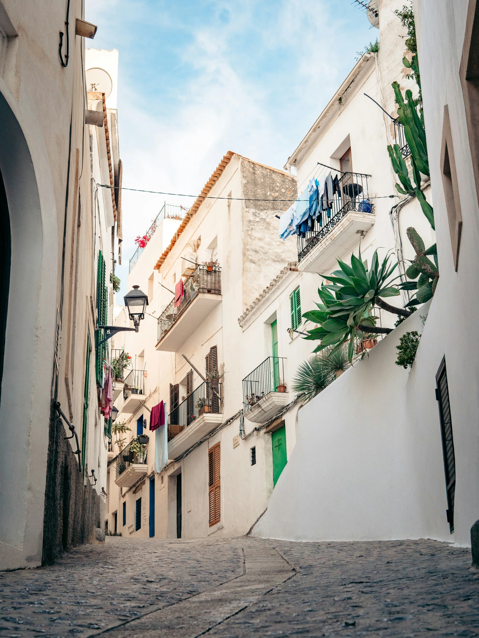 narrow street in a tropical city with many building