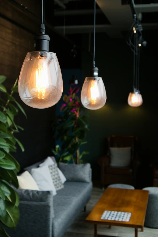 three light bulb in the shape of fish tanks are hanging from a dark room