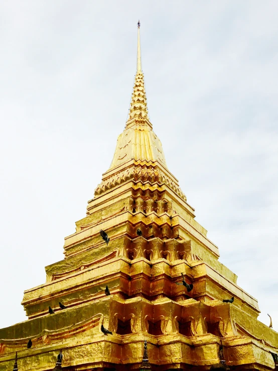 a tall gold building with many birds flying