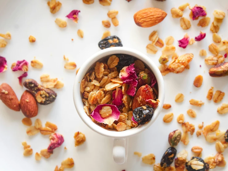 a white plate topped with a bowl of granola