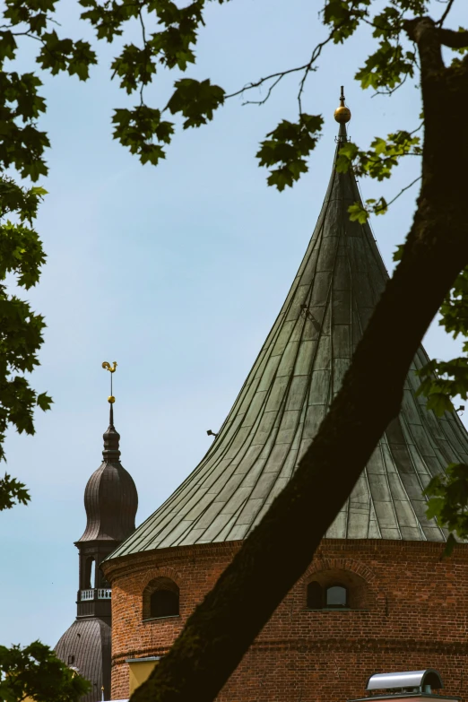 view of a church with clock and steeple from behind the tree