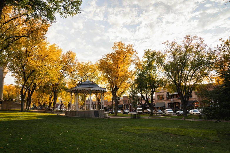 a gazebo is in the middle of a park surrounded by trees