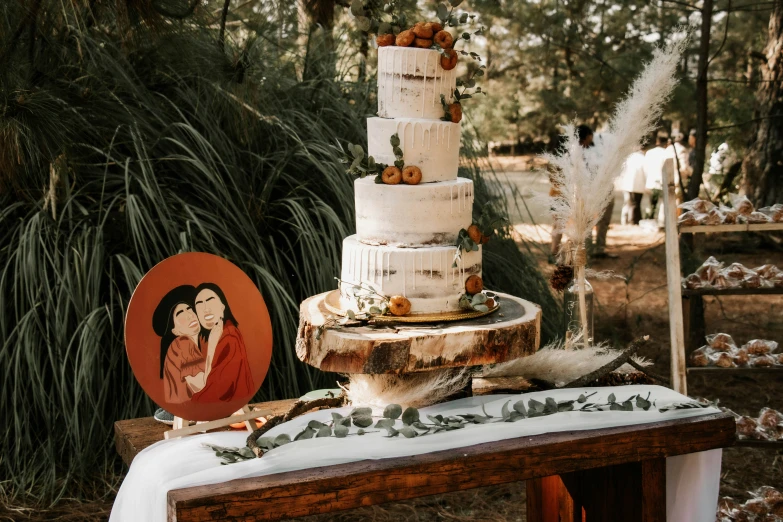 wedding cake with flowers and leaves on a table outdoors