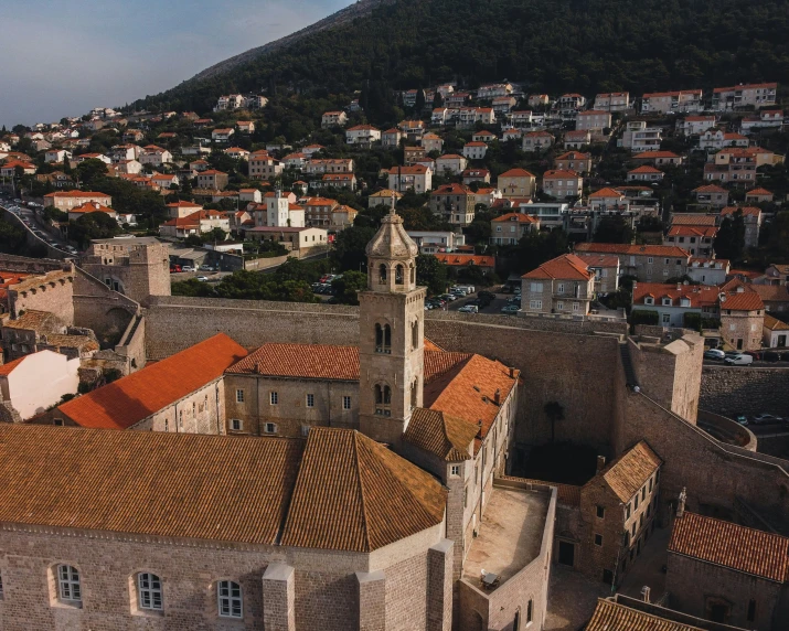 an aerial s of some buildings and hills