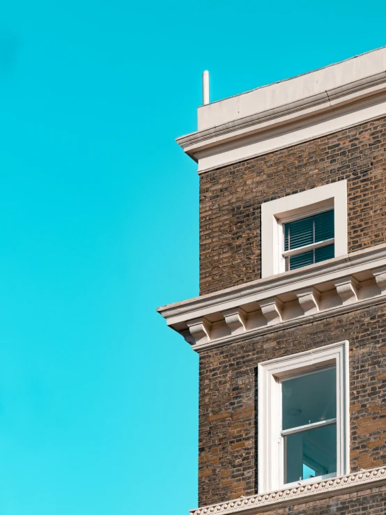 a closeup s of a very tall brick building with a bird sitting on the windows