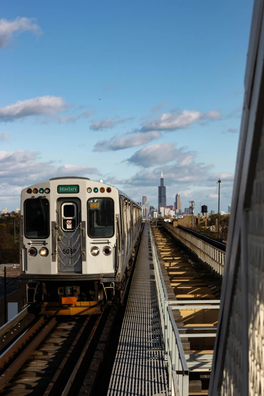 a train rides along the tracks as the view of the skyline stands in the background