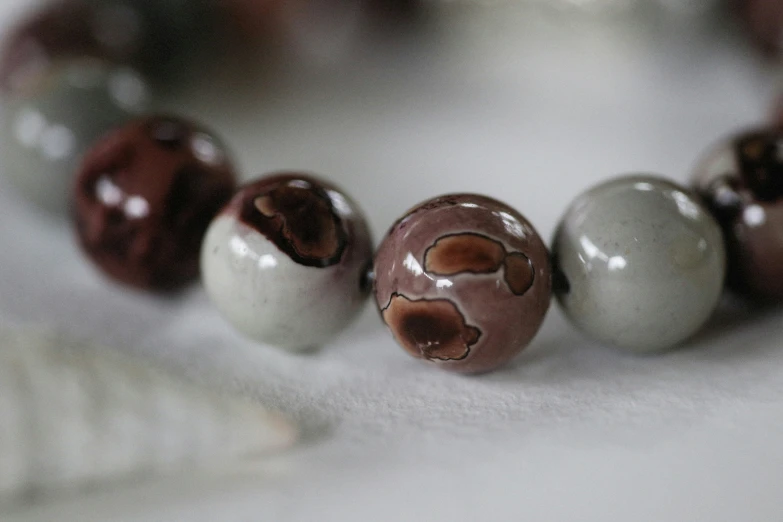 close up image of several colorful beads on a white surface