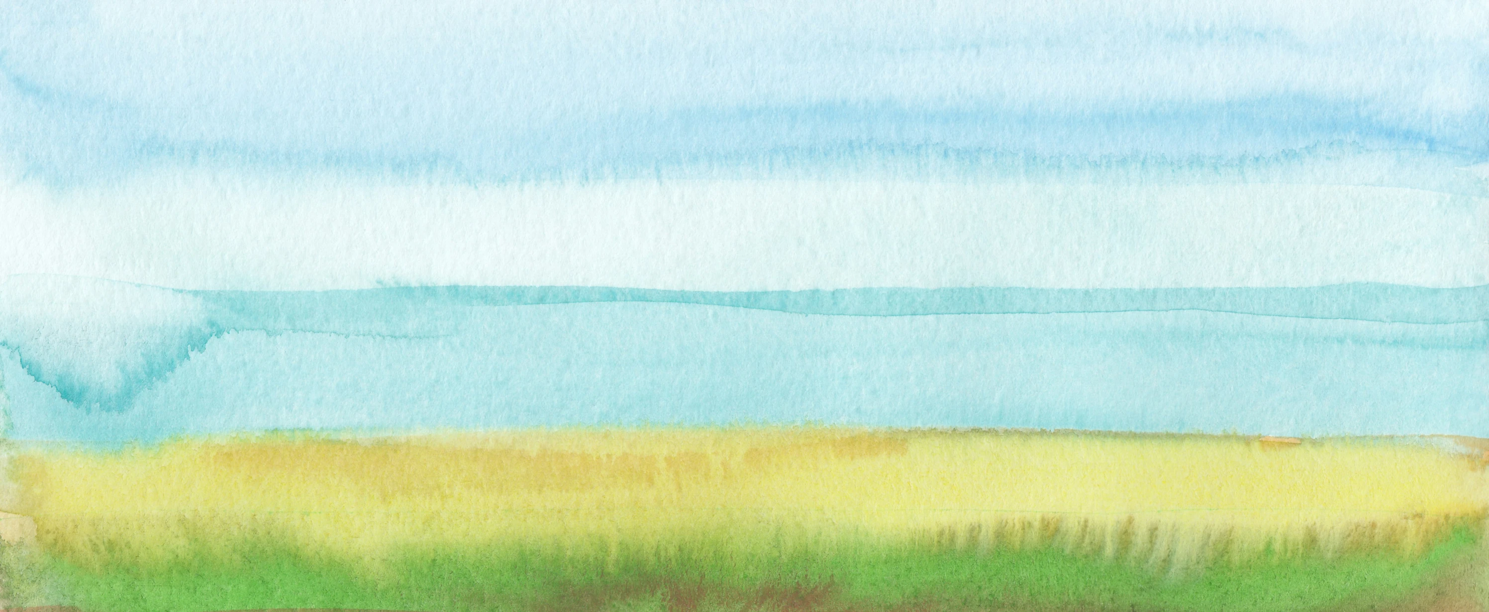 the landscape is in watercolor and has a green field with brown grass