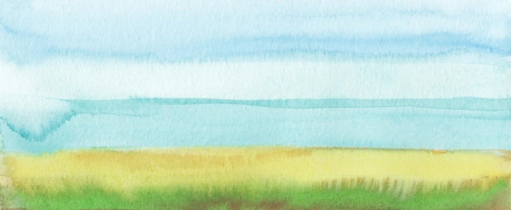 the landscape is in watercolor and has a green field with brown grass