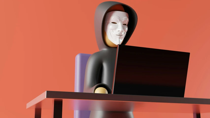 a man with a mask on his face is at a laptop