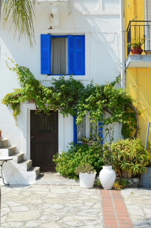 blue shutters are on the yellow walls and steps