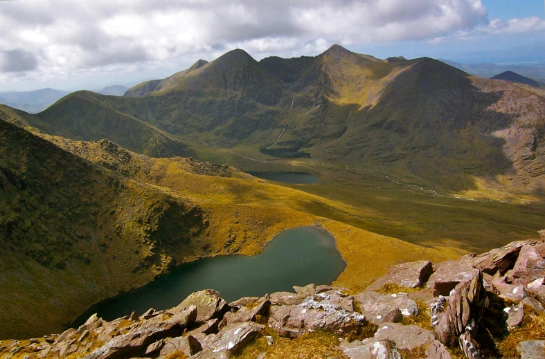 a view of the mountains and lakes from high up in the mountains