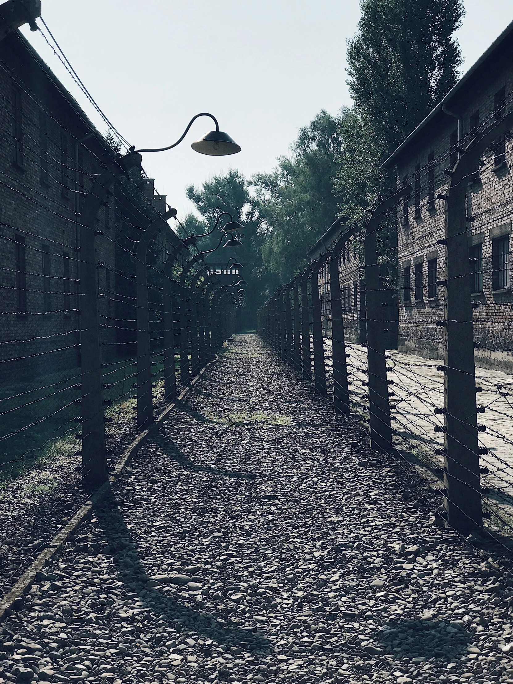 the side of a fence with lights on it in an alleyway