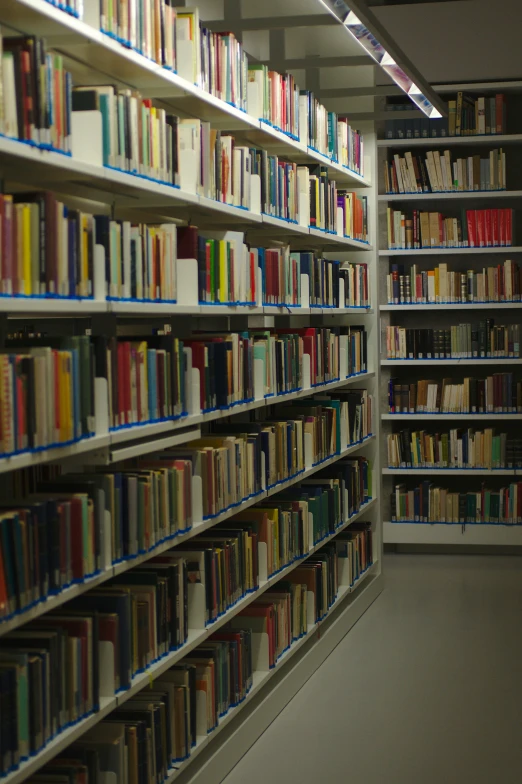 a very long row of shelves full of books