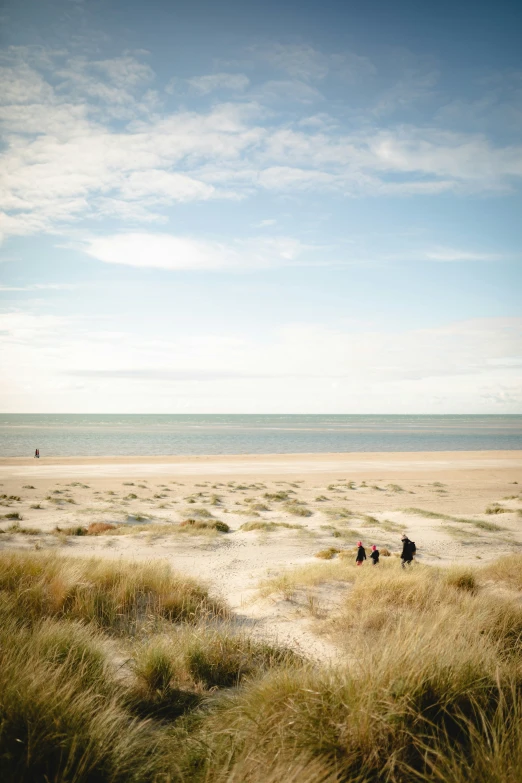 people are walking on the beach by the water