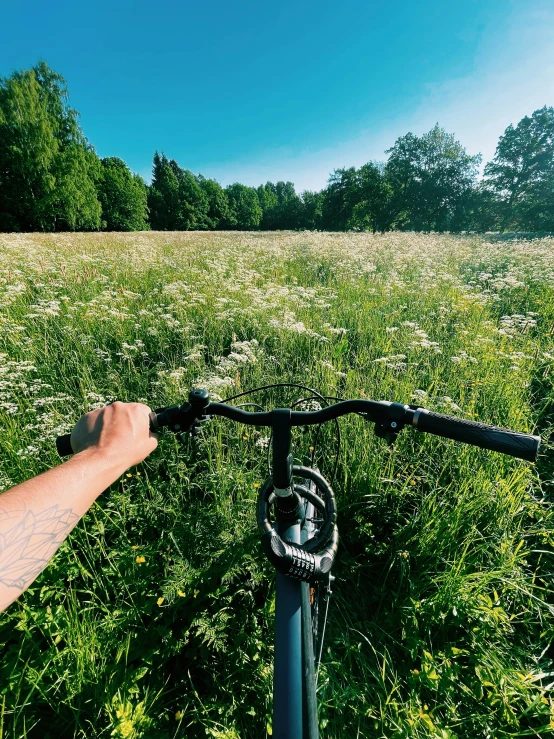 a man riding on the back of a bike in the middle of tall grass