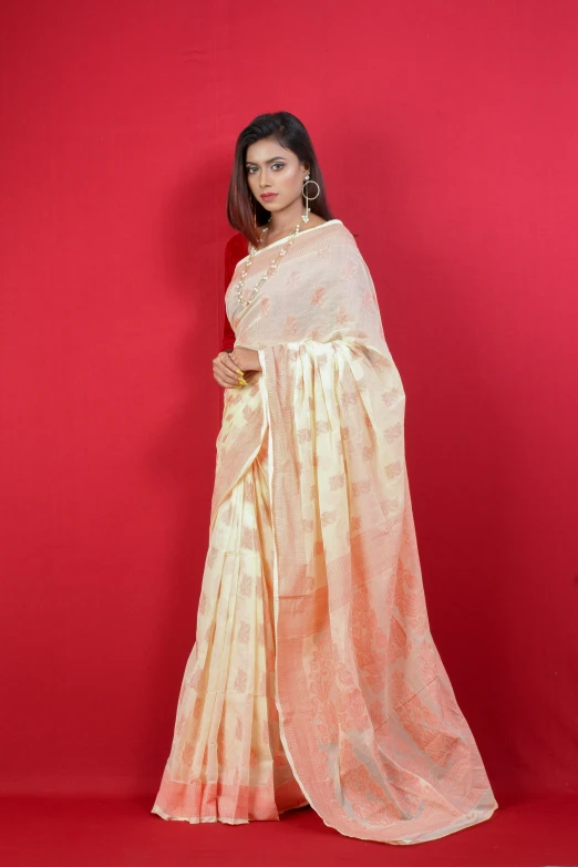 an indian woman in a saree with long hair standing on a red background