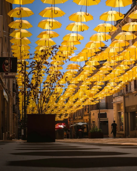 a street with many umbrellas attached to the building