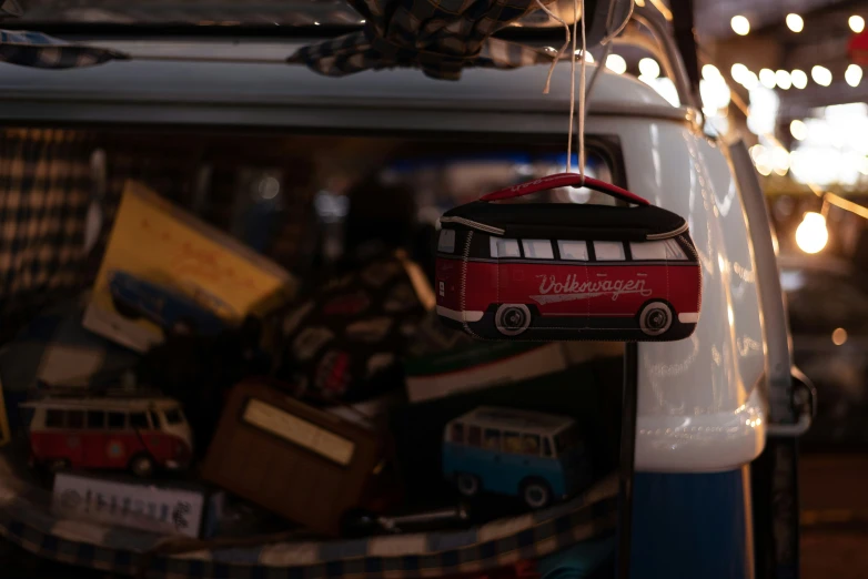 a christmas ornament made to look like a red bus