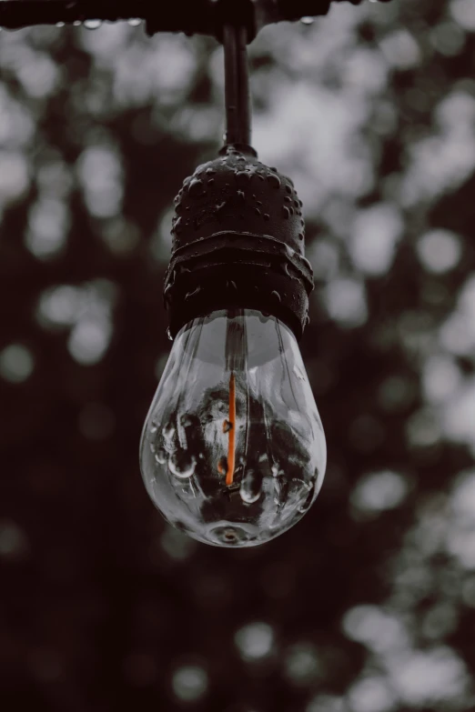 an old - fashioned light bulb hangs from the strings with strings attached