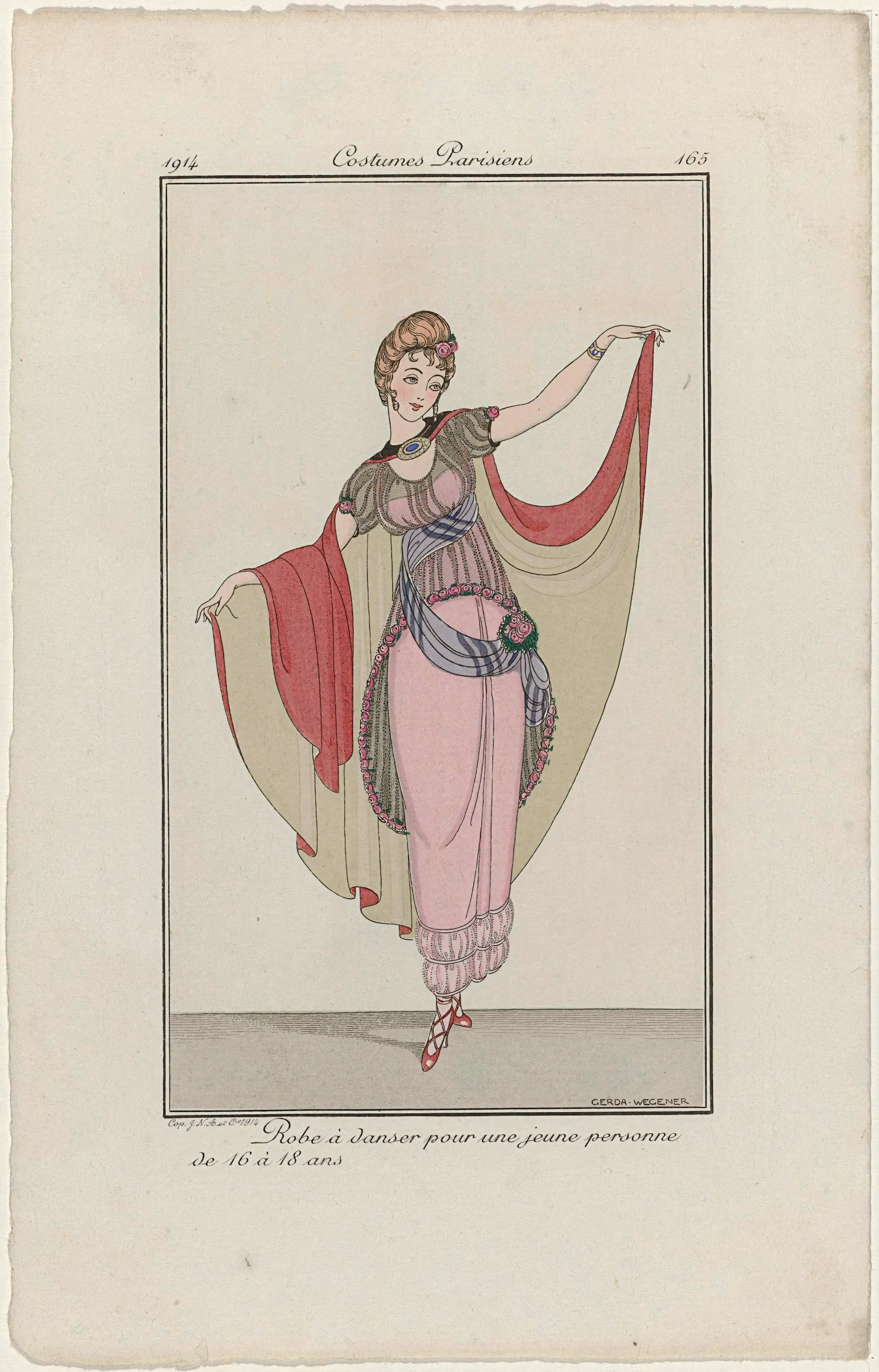 an antique illustration of a woman wearing a pink and blue gown