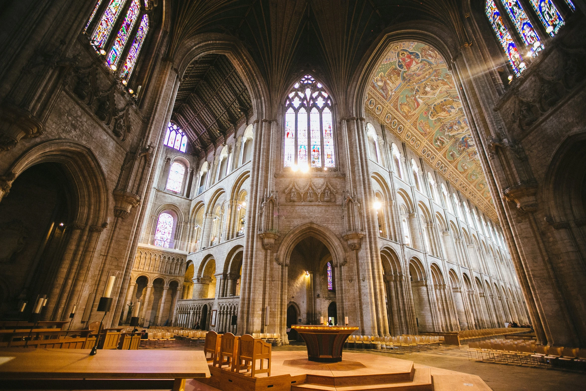 a large church with a beautiful stained glass window