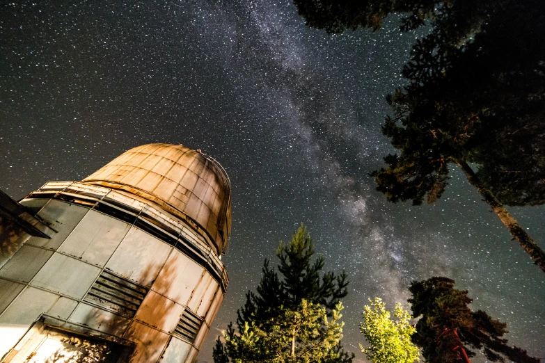 a very large telescope sitting near some trees