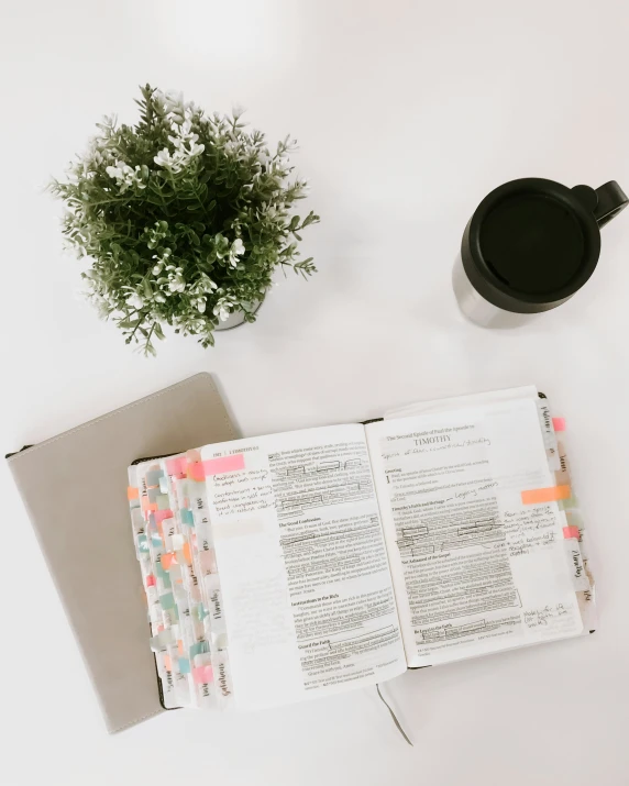 a table has a paper with a flower pot