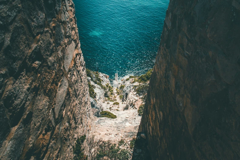 looking down into the water and in between two hills