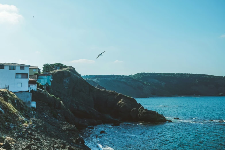 a bird flying over the top of a tall building near the ocean