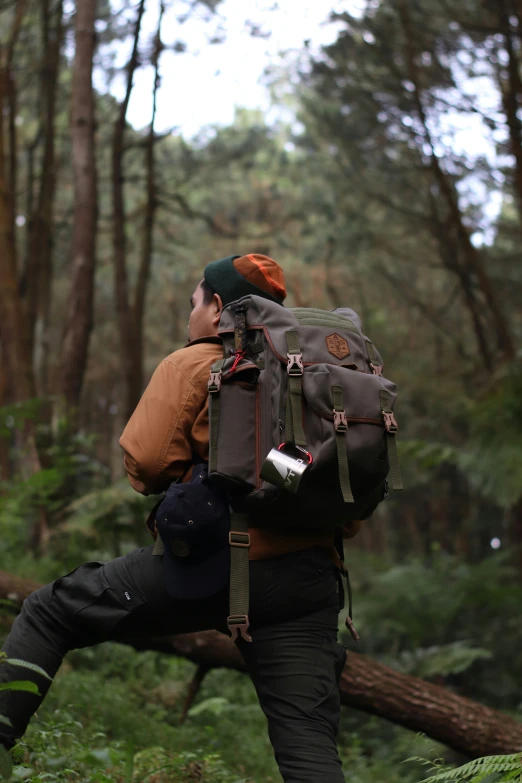 a person wearing backpack in a forest with lots of trees