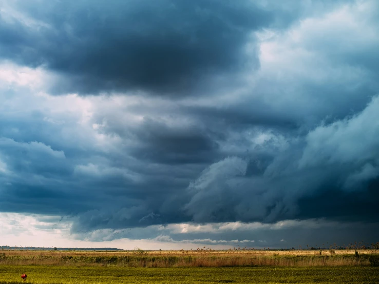 a horse stands on an open pasture as a large storm approaches