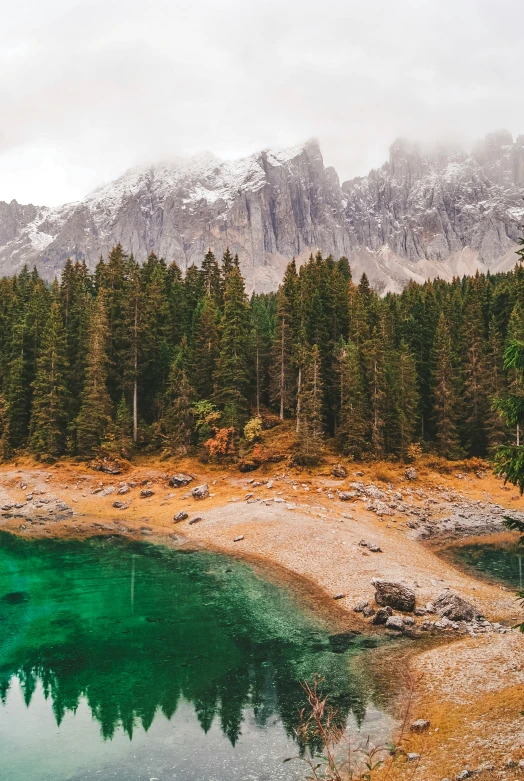 a mountain lake surrounded by green and brown trees