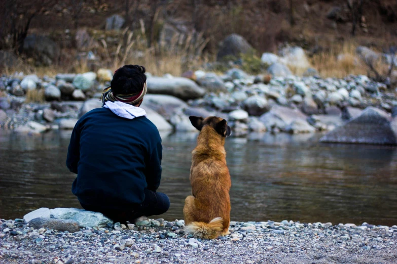 a dog sits on the ground by a person looking at the water