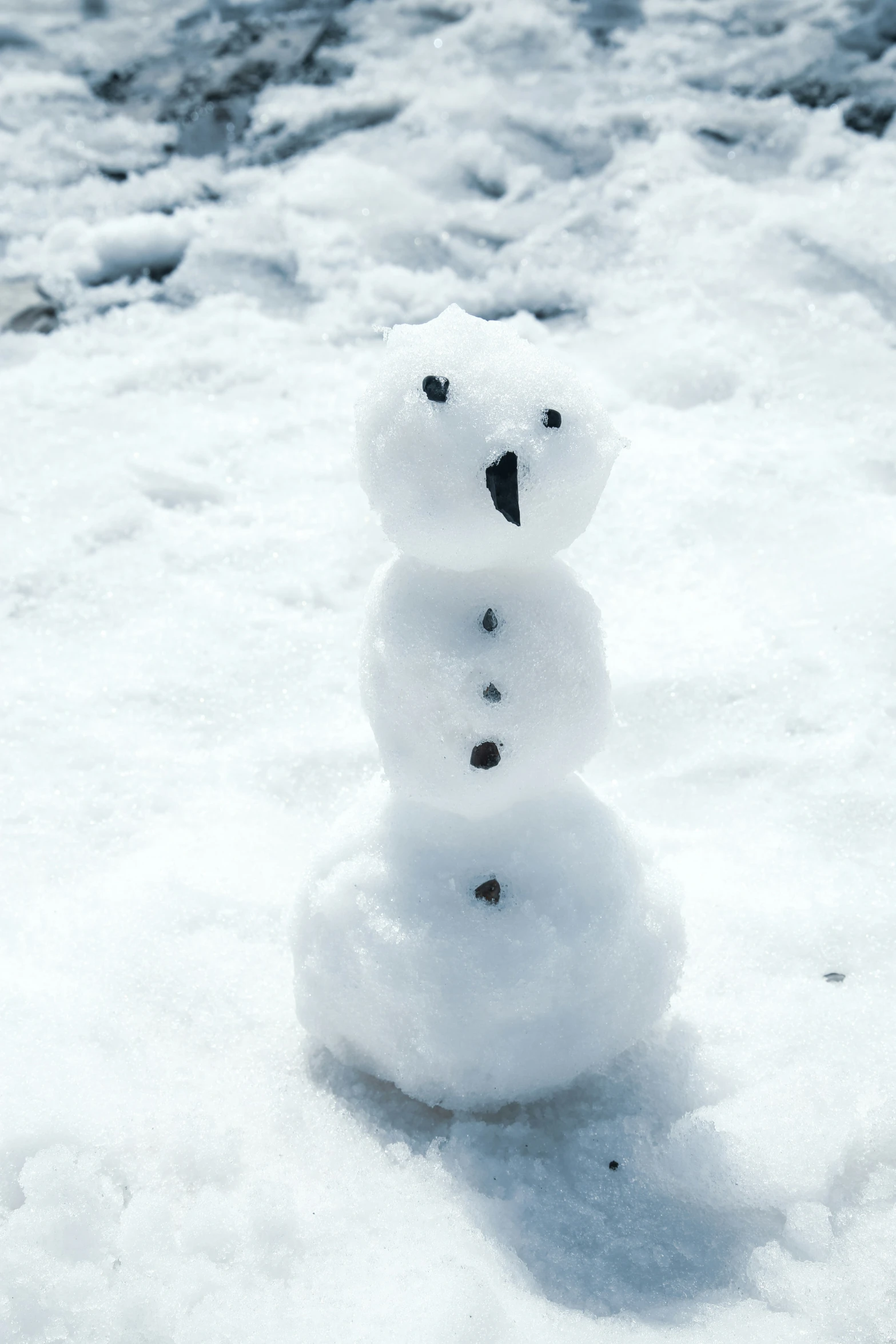 a snowman made of snow stands in the snow