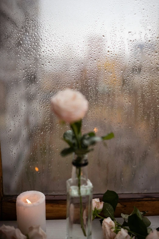 flowers in a glass vase and candles near a window