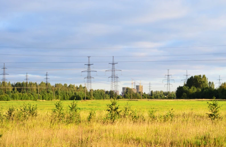 a field with a power pole and an old train in the distance