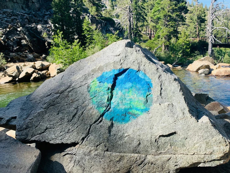 a blue painted rock in the water surrounded by trees