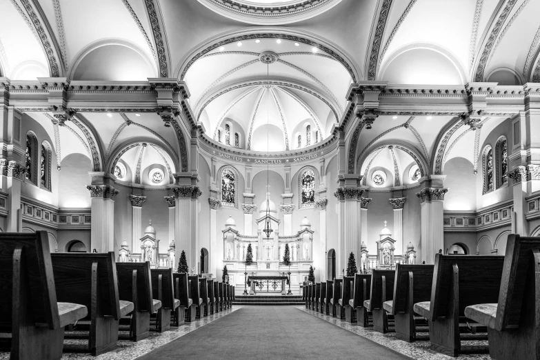 interior view of an old church with a black and white pograph